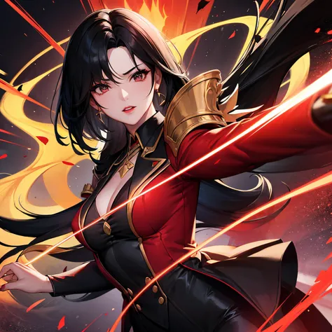 Woman, shoulder-length black hair with blonde front strands, bard official suit, red lipstick, dynamic pose