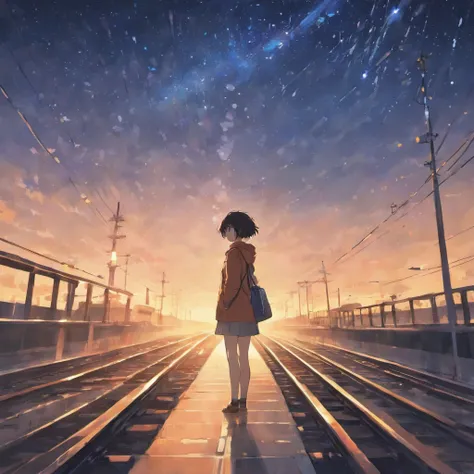 masutepiece, Anime train passing through a body of water on the tracks, Bright starry sky. Romantic Train, Makoto Shinkai photo, Pisif, concept-art, Laffy art style, reflection. by makoto shinkai, lofi art, Beautiful anime scenes, Anime landscapes, detaile...