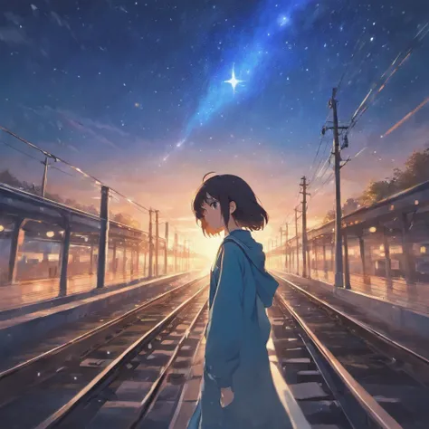 masutepiece, Anime train passing through a body of water on the tracks, Bright starry sky. Romantic Train, Makoto Shinkai photo, Pisif, concept-art, Laffy art style, reflection. by makoto shinkai, lofi art, Beautiful anime scenes, Anime landscapes, detaile...