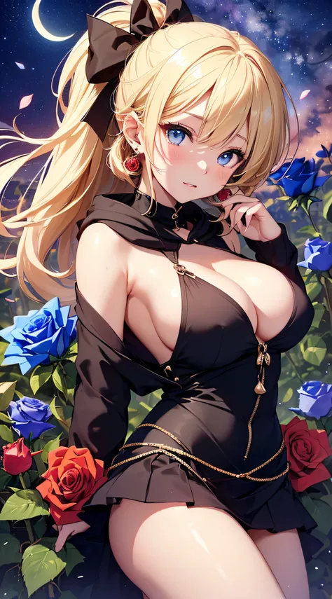 top-quality、Top image quality、​masterpiece、girl with((18year old、Best Bust、big bast,Beautiful blue eyes、Breasts wide open, Blonde ponytail、A slender,Large valleys、Black hoodie、Red and black skirt、Sleeveless、Ruby Earrings、Lie on your back)）hiquality、Beautif...