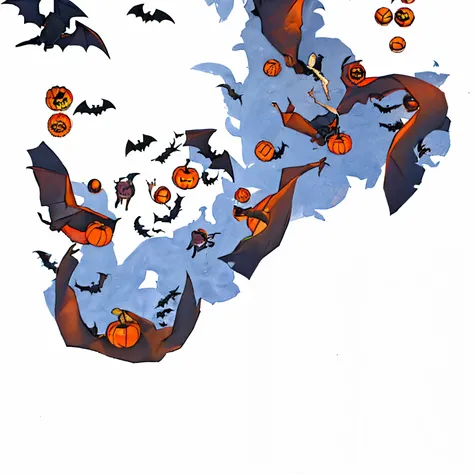 A bunch of bats are flying，And lots of Halloween pumpkins