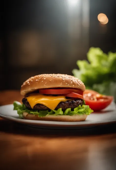 A realistic photograph of a cheeseburger, showcasing a perfectly melted slice of cheese on top of a juicy patty, with fresh lettuce, tomato, and a toasted bun, tempting the viewer with its deliciousness.