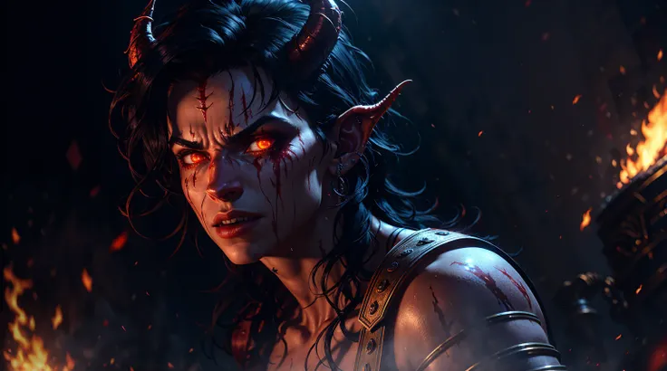 Movie CG, Character of Karlach, Tiefling, devils，disheed hair，athletic, black hair, face piercings, Peerless beauty，(Lord of Hell)，Demon King，battle scars, Blood-red bikini armor，blood splatter，(deep red fiery skin), horns on head,Cruel laughter，(Burning r...