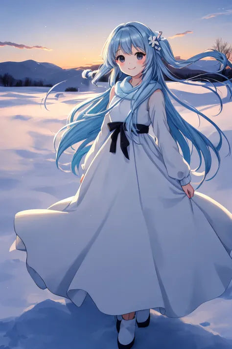 Master Pieces　Pretty girl　Light blue long hair　Twin-tailed　Blue and white long dress　adorable smiling　Black eyes　The background is a winter landscape　Illuminated by the setting sun、Dress and hair fluttering in the wind　Face Highlights