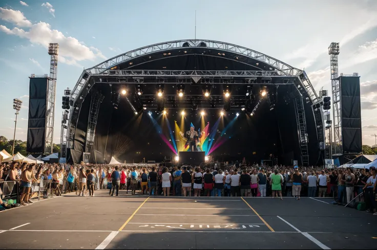 Crowd at a concert in front of an outdoor festival stage, music festival, Festivais latinos, in front of a large crowd, São Paulo, Tiro muito longo do Ultra, festival, palco coberto, com rampa e escada de acesso, in accordance with current technical safety...