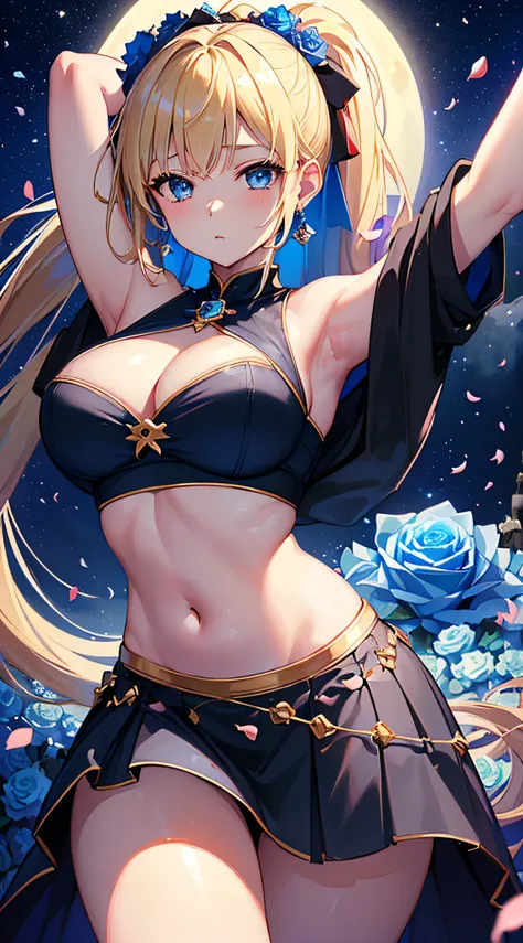 top-quality、Top image quality、​masterpiece、girl with((18year old、Best Bust、big bast,Beautiful blue eyes、Breasts wide open, Blonde ponytail、A slender,Large valleys、Black hoodie、Red and black skirt、Sleeveless、Ruby Earrings、Lie on your back)）hiquality、Beautif...