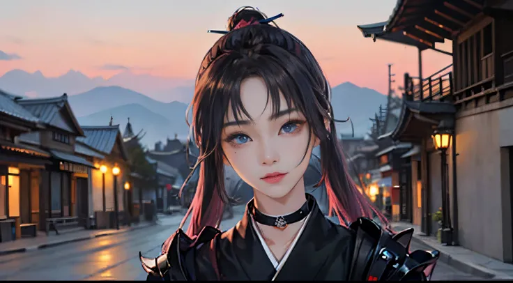 1人の女性、 Look at the viewer,
Her upper body, Her beautiful blue eyes, Pink hair with twin tails, Moles under her eyes, Plump and glossy lips, Heart-shaped choker,Female ninja 、stealth、Ninja Black Costume、Black mask、Looking at the viewer, smiling at the viewe...