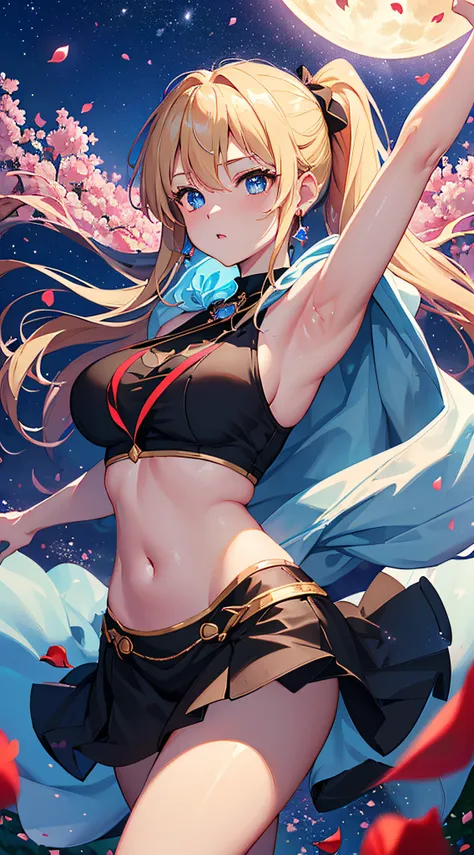 top-quality、Top image quality、​masterpiece、girl with((18year old、Best Bust、big bast,Beautiful blue eyes、Breasts wide open, Blonde ponytail、A slender,Large valleys、Black hoodie、Red and black skirt、Sleeveless、Ruby Earrings、all-fours、Leaning forward)）hiqualit...