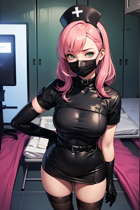 black nurse, 1girl, solo, black nurse cap, black wear, ((black legwear, zettai ryouiki)), black elbow gloves, pink hair, green eyes, drooping eyes, ((black surgical mask, covered nose)), standing, ((surgery room)), sharp outline, short sleeves, best qualit...