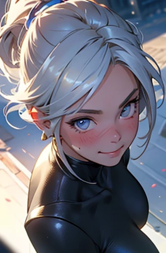 torso shot, 1girl solo, longeyelashes, solid circle eyes, light smile, ear blush, torso shot, silver hair, dutch angle, drop shadow, pov, atmospheric perspective, glowing light, sparkle, 8k, super detail, best quality, masterpiece