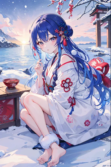 Top image quality、1girl in、Gradient Hair、A winter sea with a complex structure made up of ukiyo-e prints、Winter scene、Powder snow、Winter evenings