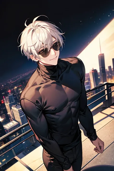 Male No. 1，Joey Joey，White hair，Sparrowy hair，with long bangs，sun glasses，Pure black clothing with loose turtleneck sweater，Good style，gay twinks，A smile，Floated，View from above the camera，You can see the cityscape below，