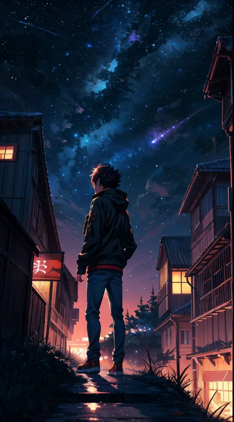 Anime boy standing in a big city and looking at the night sky, makoto shinkai cyril rolando, anime art wallpaper 4k, anime art wallpaper 4k, Anime art wallpaper 8k, inspired by Cyril Rolando, in the style dan mumford artwork, amazing wallpapers,Has a sad l...