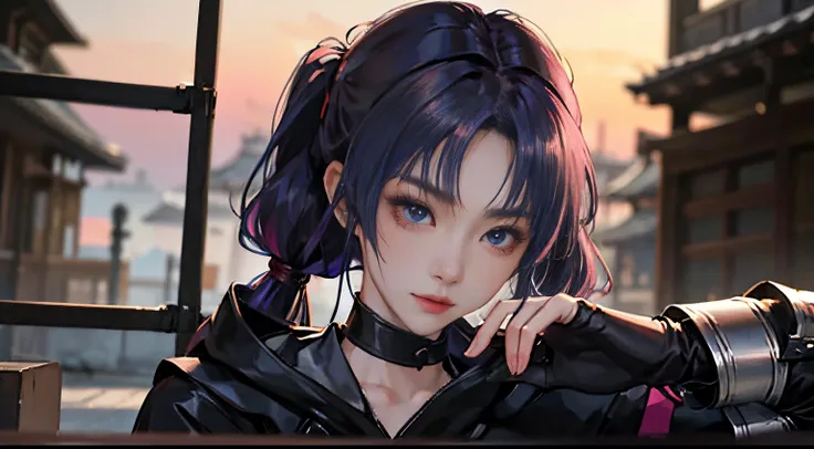 1人の女性、 Look at the viewer,
Her upper body, Her beautiful blue eyes, Pink hair with twin tails, Moles under her eyes, Plump and glossy lips, Heart-shaped choker,Female ninja 、stealth、Ninja Black Costume、Black mask、Looking at the viewer, smiling at the viewe...