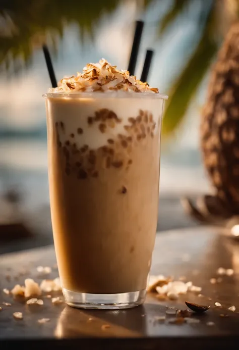 A realistic photograph of a coconut iced latte, featuring a creamy blend of coconut milk and espresso poured over ice, adorned with a sprinkle of toasted coconut flakes on top, evoking a tropical and refreshing aesthetic.