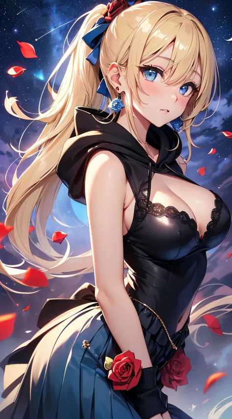 top-quality、Top image quality、​masterpiece、girl with((18year old、Best Bust、big bast,Beautiful blue eyes、Breasts wide open, Blonde ponytail、A slender,Large valleys、Black hoodie、Red and black skirt、Sleeveless、Ruby Earrings、all-fours、Leaning forward)）hiqualit...