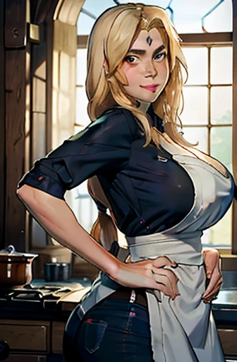 Best quality, solo mature woman, giant breasts, giant ass, very curvy, Long straight blonde hair, brown eyes, full lips, seductive, cooking apron, housewife, smiling