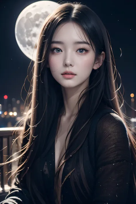 20岁女孩, 美丽细致的眼睛, moon full, sitted, deep dark background, rays of moonlight, 城市, tmasterpiece, Best quality at best, illustratio,