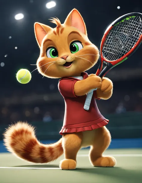 (there is a garfield cat playing tennis), （waving a tennis racket：1.37）, hitting action，（a tennis ball：1.1），garfield playing ten...