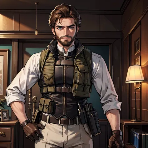 masterpiece,best quality,ultra-detailed,high resolution,extremely detailed,solo,military, man in uniform, handsome, intimidating, brown hair, beard, blue eyes, muscular, tactical gear, tactical vest,