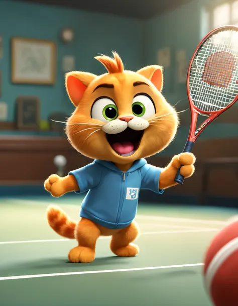 (there is a sweaty garfield cat playing tennis), （waving a tennis racket）, hitting action，wearing a red and blue sweatshirt and ...