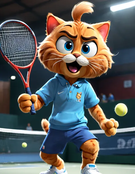 (there is a garfield cat playing tennis), （waving a tennis racket）, hitting action，wearing a red and blue sweatshirt and shorts....