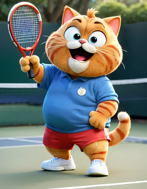 (there is a chubby garfield cat playing tennis), waving a large tennis racket, wearing red and blue sweatshirts and shorts. garf...