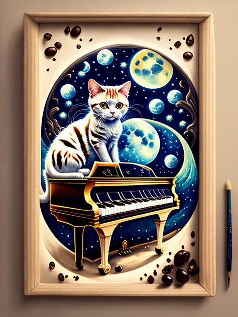 Design with white cat white, piano, coffee, painting, starry night, moon