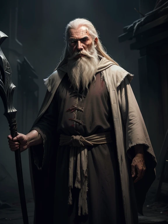 an old man with filthy white robe and long beard, scars on his face, staff, dark sorcerer, night, dark environment, darkness, fog, blood