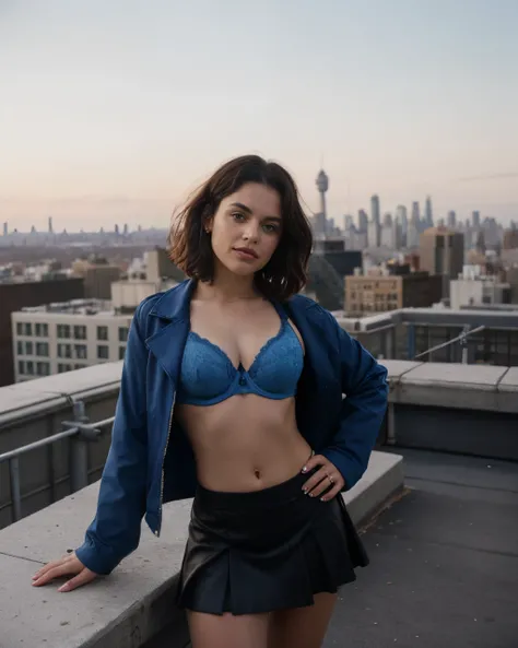 Photo of jortega in her blue cut jacket, blue bra,  lack short skirt, rubing her abdomen, solo, blue eyes, reverse bob haircut, medium breasts, full body, muscular abdomen, looking towards her own stomach, up on the roof with in the city of New York in the...