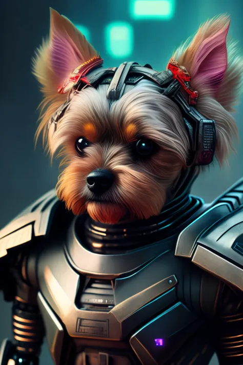 Yorkshire Terrier (robot) dog as Doom Slayer, realistic sci-fi cyberpunk power armor robot, close-up portrait