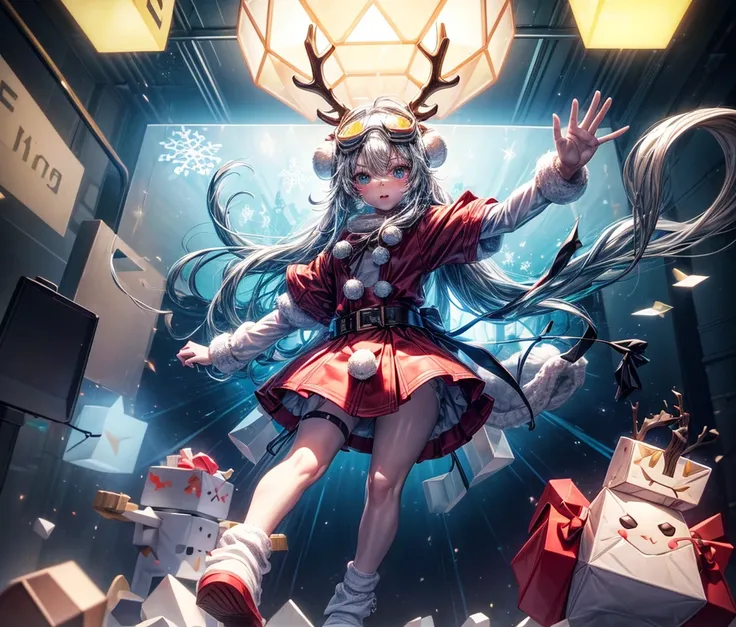 Reindeer, (blind box toy style:1.2), nuttcraker toy, (Full Body Shot) ,  1 Transparent Santa claus, Behind him is a snowman and reindeer, snowflakes, Transparent mecha, Exquisite Helmet:1.2, glowing goggles:1.2, Cyberpunk, Dreamy Glow, Luminous neon lamp, ...