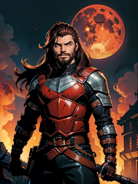 Dark night blood moon background, Darkest Dungeon style, game portrait.  Kevin "Todd" Smith as Sadurang from Marvel comics athlete, short mane of brown hair, mullet, stubble beard, 30 years old, {{glowing red eyes}}.  Wily smile, badass, dangerous. Wearing...