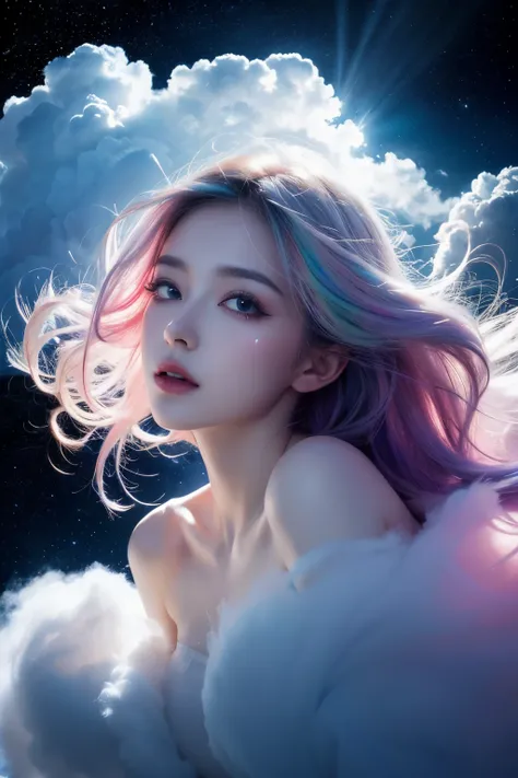 nebulous art of an (ethereal:1.2) cosmic goddess dissolving into nebulous clouds, colorful, nebulous texture, nebulous clouds, beautiful female face consisting entirely of clouds, looking at viewer, space