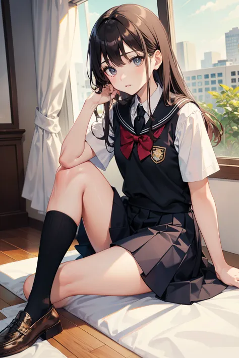 masutepiece, Black High Socks, School uniform, Cute, Very delicate eyes, Neat face, Sitting,Brown loafers, 8K