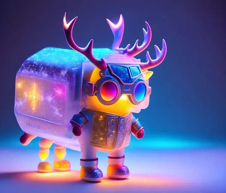 Reindeer, (blind box toy style:1.2), nuttcraker toy, (Full Body Shot) ,  1 Transparent Santa claus, Behind him is a snowman and reindeer, snowflakes, Transparent mecha, Exquisite Helmet:1.2, glowing goggles:1.2, Cyberpunk, Dreamy Glow, Luminous neon lamp, ...