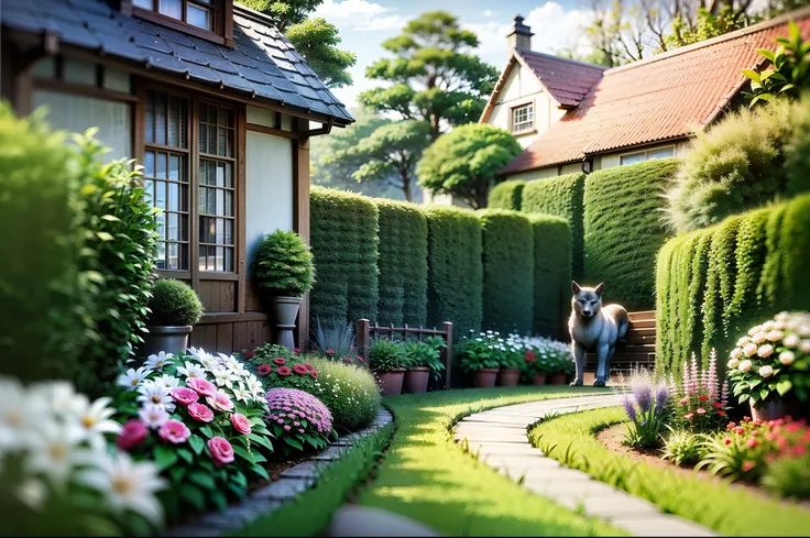 english home style, husky dog, Florian garden, daylight scene, England --auto --s2