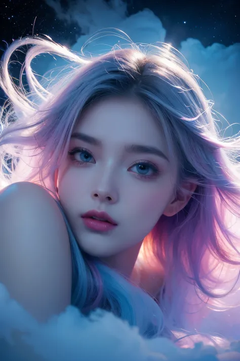 nebulous art of an (ethereal:1.2) cosmic goddess dissolving into nebulous clouds, colorful, nebulous texture, nebulous clouds, beautiful female face consisting entirely of clouds, looking at viewer, space