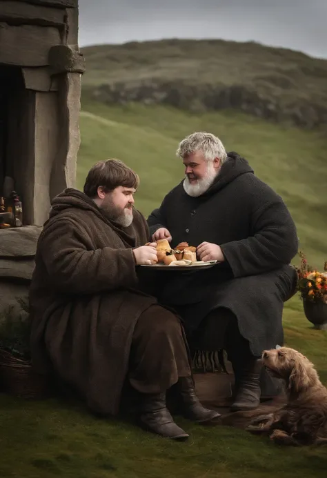 A photo of Hodor and Bran Stark enjoying a hearty breakfast at Winterfell,Game of Thrones,Hodor, a beloved character from “Game of Thrones,” is notable for his towering height and robust build, giving him a gentle giant appearance. He has a simple, kind fa...