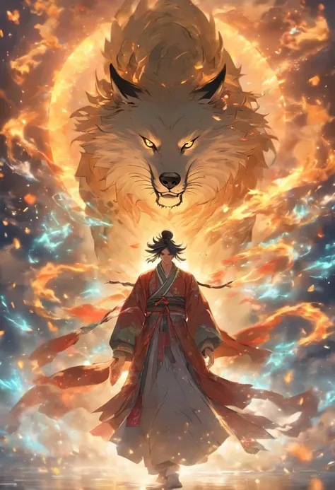 (tmasterpiece), (Best quality), Cinematic quality，Rendered by Octane，Ultra-detailed details，1 boy,Cool action，Wearing ancient Chinese Hanfu，Ancient Chinese Formation，Luminous magic circle，Summon ancient beasts，a huge wind wolf，