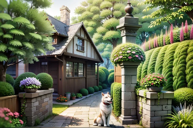 english home style, husky dog, Florian garden, daylight scene, England --auto --s2