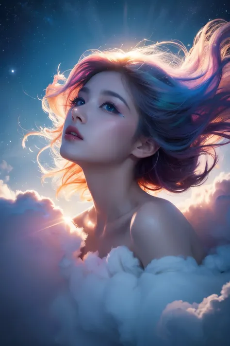 nebulous art of an (ethereal:1.2) cosmic goddess dissolving into nebulous clouds, colorful, nebulous texture, nebulous clouds, beautiful female face consisting entirely of clouds, looking at viewer, space