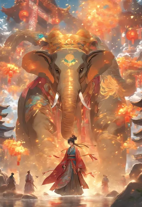 (tmasterpiece), (Best quality), Cinematic quality，Rendered by Octane，Ultra-detailed details，1 boy,Cool action，Wearing ancient Chinese Hanfu，Ancient Chinese Formation，Luminous magic circle，Summon ancient beasts，A huge elephant made of rocks，