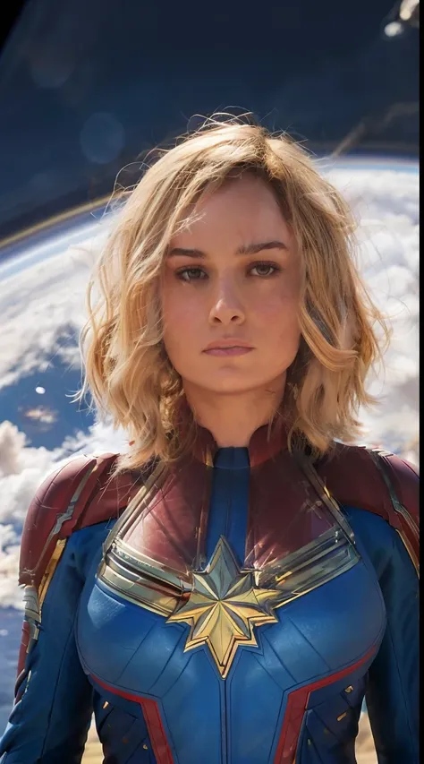 brie larson as captain marvel, full body suit flying in space