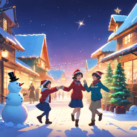 happy dancing people，Wearing Christmas hat and colorful decorations。A child is putting a Santa hat on a snowman，Another child is making snowballs for a snowball fight。in distance，A sleigh pulled by reindeer is parked in front of the house，Santa Claus is wa...