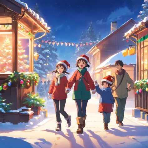 happy dancing people，Wearing Christmas hat and colorful decorations。A child is putting a Santa hat on a snowman，Another child is making snowballs for a snowball fight。in distance，A sleigh pulled by reindeer is parked in front of the house，Santa Claus is wa...