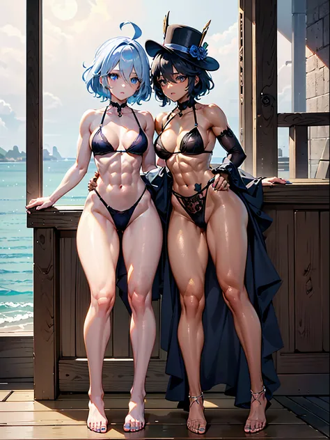 (Furina), (((1 girl alone))), blue eyes, (blue hair), Topknot, Ahoge, hair over one eye, light blue hair, (((short hair))), nails painted light blue , hat, black transparent short panties, naked, (small transparent womens lingerie), (muscular thighs), musc...