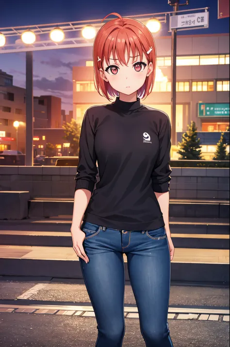 takami chika, night, train station, tight jeans pants,sweater top, short hair, hair ornament, crotch lines, standing ،yearning, ...