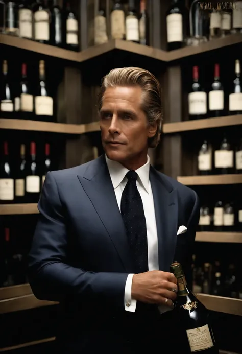 A photo of Gekko holding a rare, vintage bottle of wine in a dimly lit, exclusive wine cellar.,Wall Street,Gordon Gekko, the iconic character from the film “Wall Street,” is the epitome of 1980s corporate greed and style, often seen in tailored, expensive ...