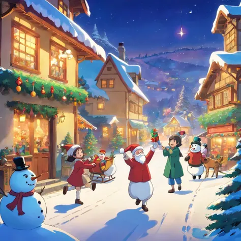 happy dancing people，Wearing Christmas hat and colorful decorations。A child is putting a Santa hat on a snowman，Another child is making snowballs for a snowball fight。in distance，A sleigh pulled by reindeer is parked in front of the house，Santa Claus is wa...